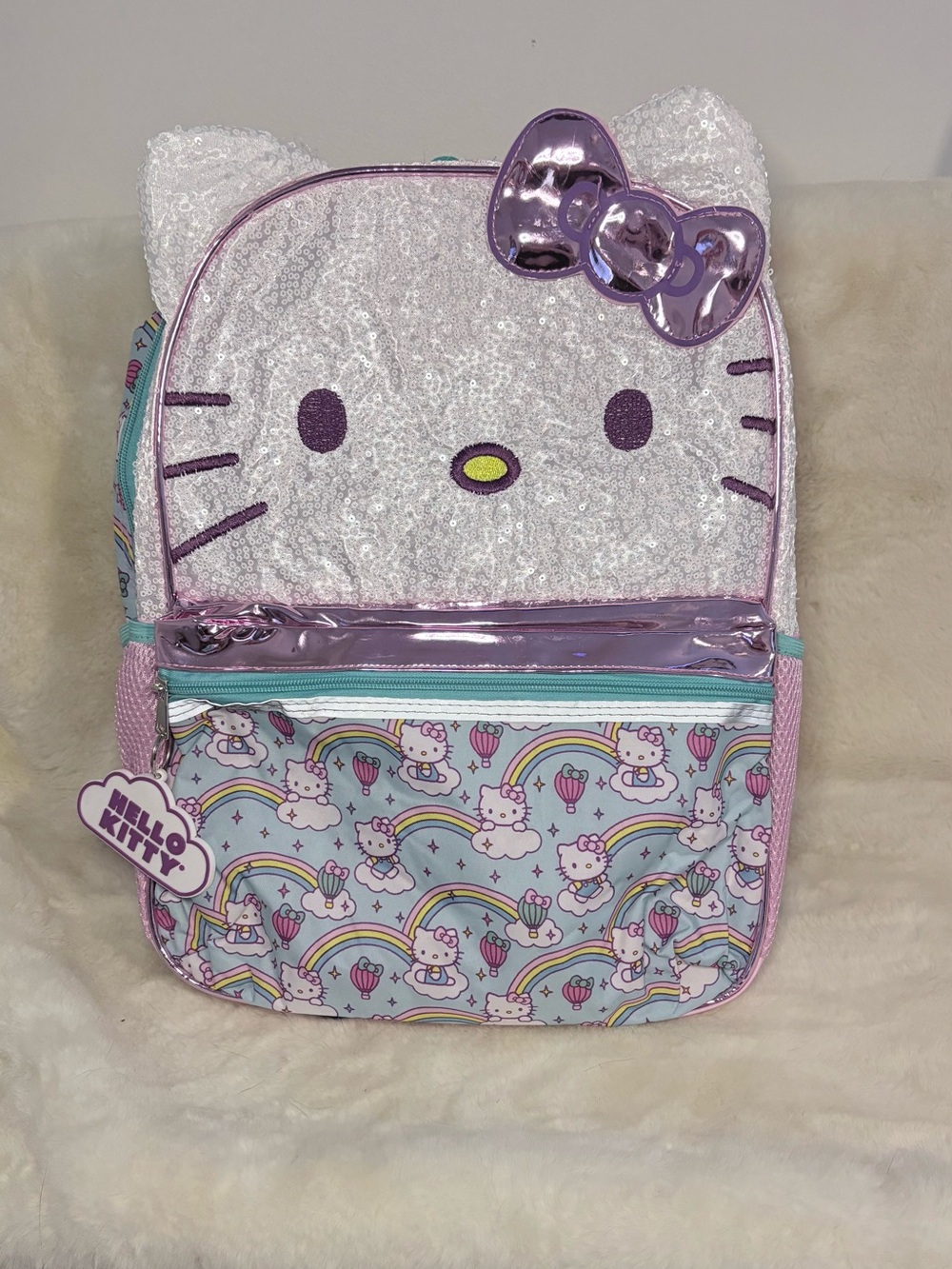 Hello Kitty Sequin Face Backpack with Pastel Rainbow Print - Pink, White, Mint